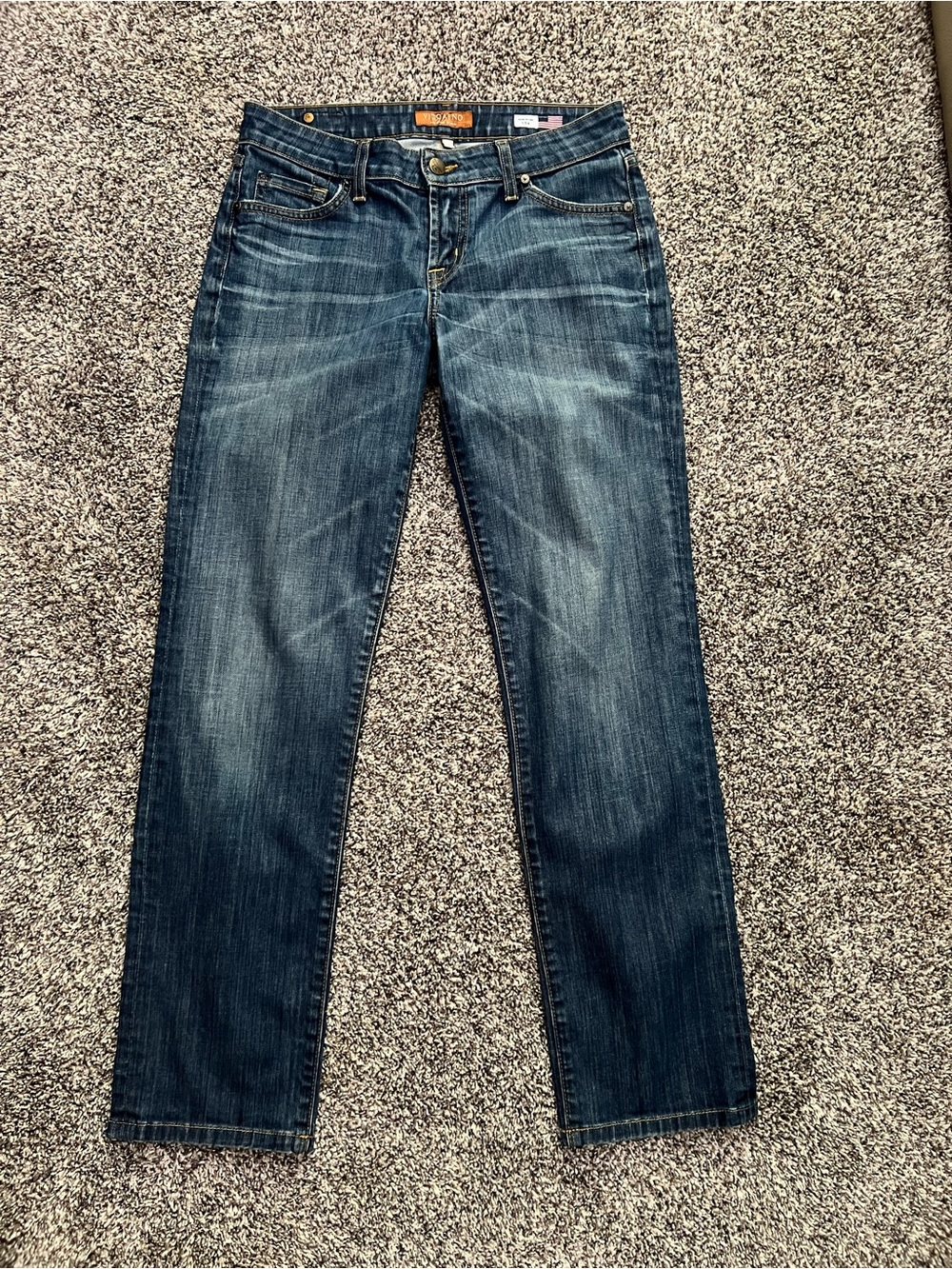 Vizcaino Women's Straight-Leg Mid-Rise Jeans in Dark Blue. Made in USA